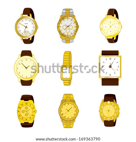 Collection of nine different golden watches isolated on white background