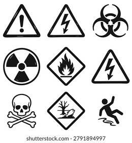A collection of nine different hazard warning symbols and signs including biohazard radiation fire electricity skull and crossbones and slippery surface