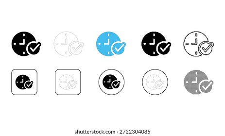 A collection of nine different icon styles depicting a clock face with a checkmark overlaid, symbolizing timely completion, successful scheduling, or time validation. Styles include solid black, blue,