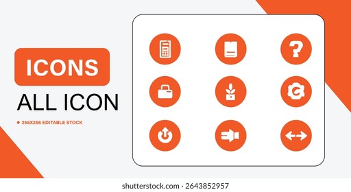 A collection of nine different icons, each displayed in an orange circle, against a white background, representing diverse functions and actions.