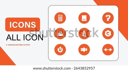 A collection of nine different icons, each displayed in an orange circle, against a white background, representing diverse functions and actions.