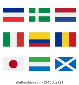 A collection of nine different international flags arranged in a three by three grid layout on a white background