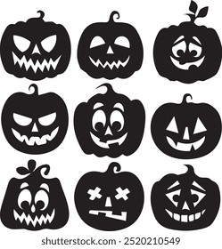 A collection of nine different jack-o'-lantern illustrations, with facial expressions ranging from menacing to joyful.