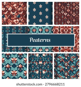 A collection of nine different patterns featuring geometric and floral designs in various colors.