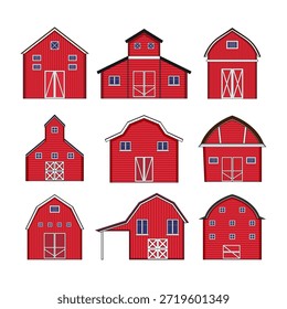 Colección de nueve graneros rojos diferentes que ilustran varios diseños de edificios agrícolas tradicionales y modernos, que representan la arquitectura rural y los conceptos agrícolas sobre un fondo blanco limpio