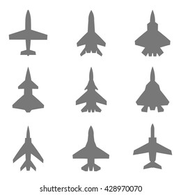 Collection of nine different silhouettes of planes. Top view. Vector, eps10.
