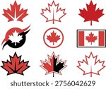 Collection of nine different stylized maple leaf icons and canada flag variations in red colors