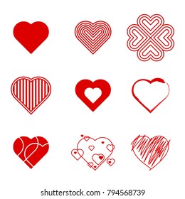 A collection of nine different vector hearts illustrated in a series of different styles.