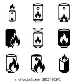 Collection of nine different water heater icons, each featuring a flame symbol