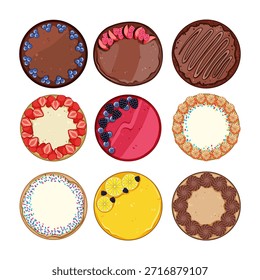 Colección de nueve postres redondos decorados de manera diferente, incluidos pasteles de queso, pasteles de chocolate y tartas de frutas, que presentan una variedad de sabores dulces y coberturas desde una perspectiva Aéreas