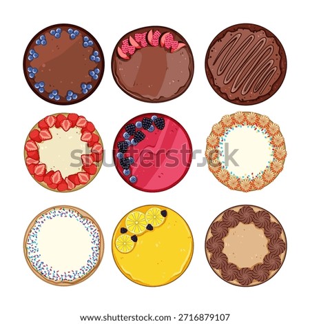 Collection of nine differently decorated round desserts, including cheesecakes, chocolate cakes, and fruit tarts, presenting a variety of sweet flavors and toppings from an aerial perspective