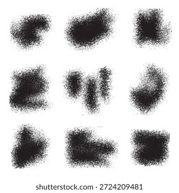 Uma coleção de nove traçados distintos de pincel preto grunge abstrato, cada um com uma aparência texturizada única, definido contra um fundo branco limpo.