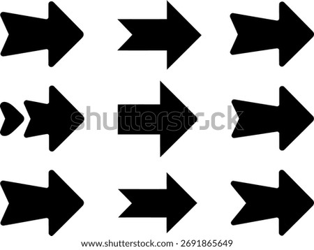 Collection of nine distinct black arrow shapes pointing rightward for navigation or directional cues vector