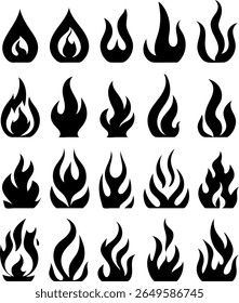 A collection of nine distinct black flame icons, each with a unique shape and style, presented in a grid formation isolated on a clean white background.