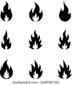 A collection of nine distinct black flame icons, each with a unique shape and style, presented in a grid formation isolated on a clean white background.