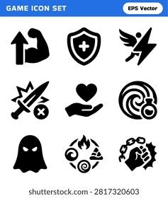A collection of nine distinct black glyph icons designed for video games, symbolizing various attributes like physical strength, defensive capabilities, speed, health regeneration, elemental magic, ghosts, and overcoming constraints.