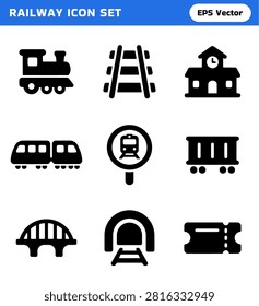 A collection of nine distinct black icons representing various elements of railway transportation, suitable for use in travel apps, websites, and print media.
