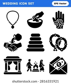 A collection of nine distinct black silhouette icons representing various elements and rituals commonly associated with traditional Indian wedding ceremonies.