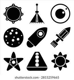 Collection of nine distinct black silhouettes of celestial bodies and futuristic objects in a grid formation silhouette