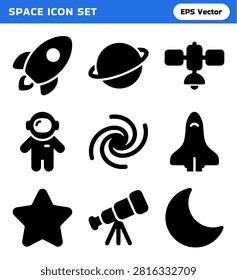 A collection of nine distinct black solid icons representing various elements of space exploration and celestial bodies for a seamless visual theme.