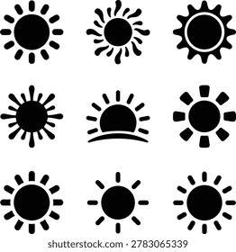 Collection of nine distinct black sun icons in various styles and designs representing daytime weather and celestial bodies