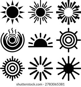 Collection of nine distinct black sun icons and symbols representing various forms of sunlight and celestial bodies isolated on transparent background