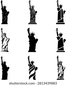 A collection of nine distinct black and white silhouette icons depicting the Statue of Liberty in various artistic styles.