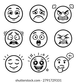 A collection of nine distinct cartoon faces showcasing a variety of emotions like happiness sadness anger surprise and confusion