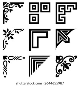 Collection of nine distinct corner designs in black and white featuring floral motifs geometric shapes and swirling lines Simple yet elegant styles suitable for various design applications