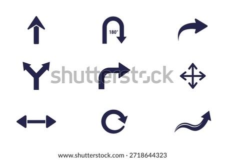 A collection of nine distinct dark blue arrow icons representing various navigation commands like straight ahead, 180-degree turn, right curve, split path, bidirectional movement, circular rotation, w