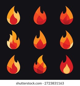 Una colección de nueve íconos distintos de llamas de fuego, cada uno representado en un estilo moderno y geométrico con tonos cálidos naranjas y rojos sobre un fondo oscuro.