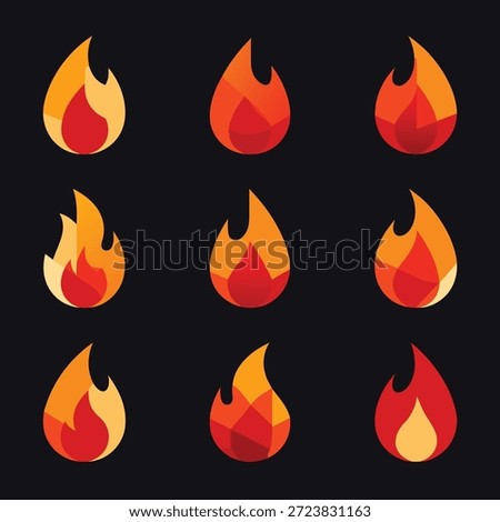 A collection of nine distinct fire flame icons, each rendered in a modern, geometric style with warm orange and red hues against a dark background.