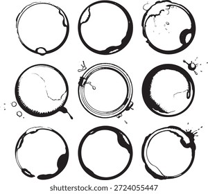 Collection of nine distinct grunge circle frames in black and white, featuring varied textures and splatter effects, suitable for design elements and digital art projects.