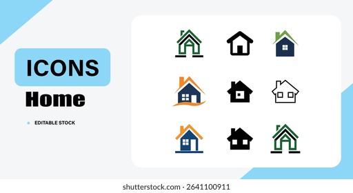 Collection of Nine Distinct House Icons Depicting Different Styles and Conceptual Representations of Real Estate