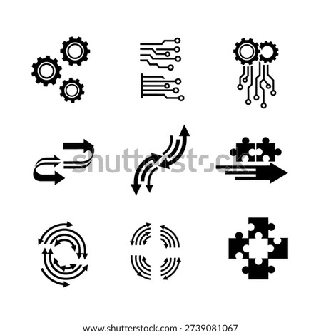 A collection of nine distinct icons, each symbolizing different aspects of industry, technology, and workflow.
