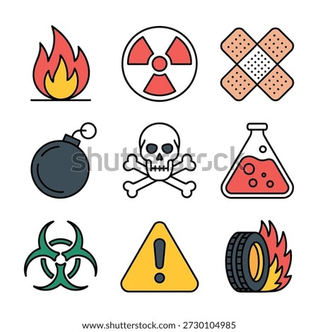 A collection of nine distinct icons representing various dangers and warnings, including fire, radiation, first aid, bombs, poison, chemicals, biohazards, general warnings, and burning tires.