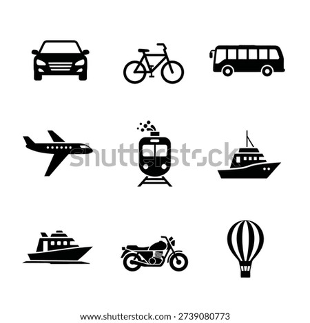 A collection of nine distinct icons representing various modes of transportation.