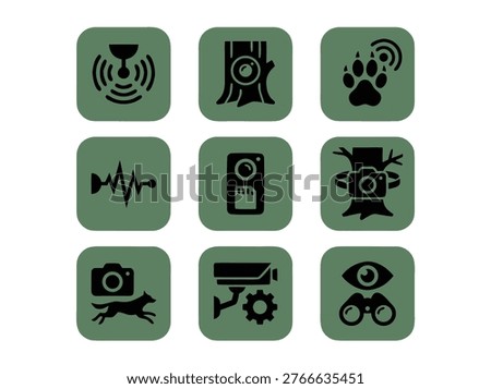 Collection of nine distinct icons representing wildlife camera features and functions.