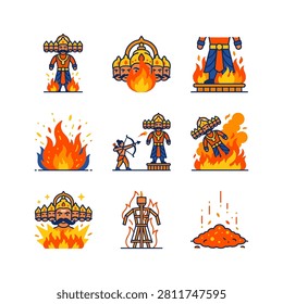 A collection of nine distinct illustrations depicting the burning of Ravana effigies, a central element of the Dussehra festival.