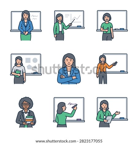 A collection of nine distinct illustrations featuring female teachers in various poses, interacting with whiteboards, holding books, and demonstrating educational concepts.