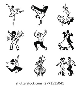 A collection of nine distinct illustrations showcasing different dance forms and styles performed by individuals and couples.