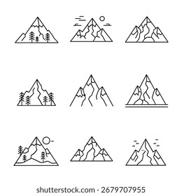 A collection of nine distinct mountain illustrations presented in a minimalist line art style.  