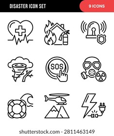 A collection of nine distinct outline icons representing various disaster and emergency situations, including medical emergencies, fire, natural disasters, and safety alerts, designed for clear visual communication.