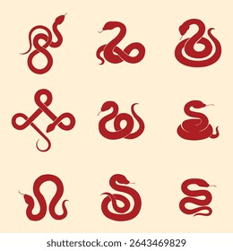 Collection of nine distinct, red, stylized snake shapes, ranging from simple winding figures to more complex patterns, set against a light beige background.  Each snake shape has a unique style.