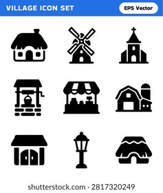 A collection of nine distinct solid black icons representing various village buildings and landmarks, including a thatched-roof house, windmill, church, well, market stall, barn, shop, lamp post, and hut.