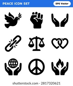 A collection of nine distinct solid black icons representing concepts of peace, justice, unity, and hope. These icons feature a dove with an olive branch, a raised fist, cupped hands, a broken chain link, scales of justice, intertwined hearts, hands holding a globe, a peace sign, and hands holding a flame.