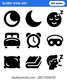 A collection of nine distinct, solid black icons symbolizing sleep, rest, and nighttime activities, perfect for various design projects.