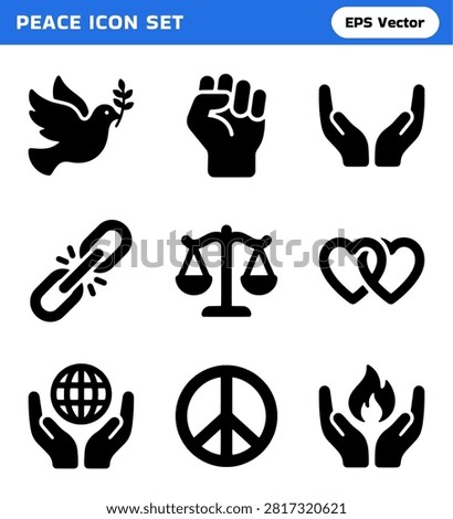 A collection of nine distinct solid black icons representing concepts of peace, justice, unity, and hope. These icons feature a dove with an olive branch, a raised fist, cupped hands, a broken chain link, scales of justice, intertwined hearts, hands holding a globe, a peace sign, and hands holding a flame.