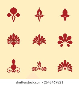 Collection of nine distinct, stylized, red floral and decorative design elements. Each element features simple shapes and lines, conveying a sense of elegance and classic style. 