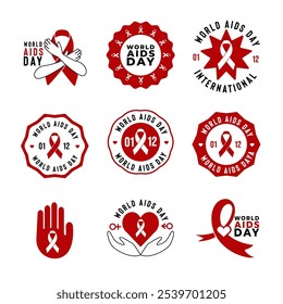 Colección de nueve logotipos distintos del Día Mundial del SIDA con símbolos de cinta roja, dispuestos en una cuadrícula de 3x3 con varios Diseños que incluyen manos, corazones y patrones circulares que resaltan la conciencia sobre el SIDA 